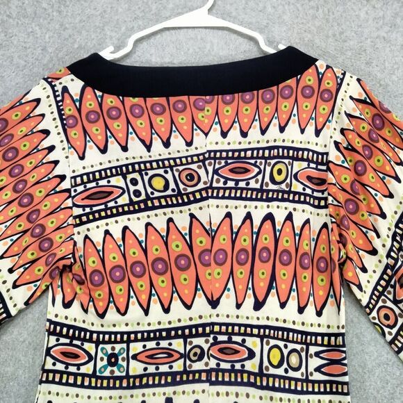 Trina Turk Sheath Dress Womens Size 0 100% Silk Orange Blue Tribal Print Bell - Picture 10 of 12